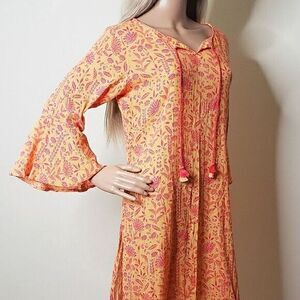 Global Desi Yellow & Pink Floral Straight Kurta with Bell Sleeve